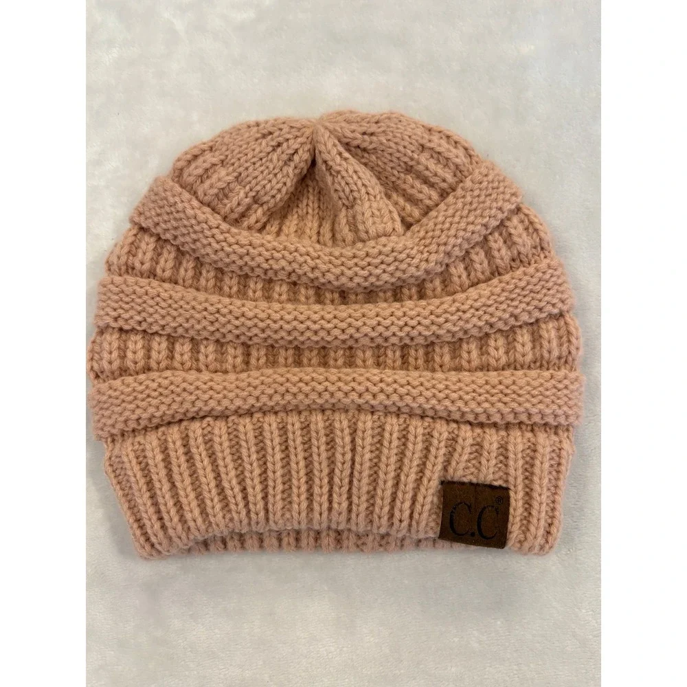 C.C Beanie Womens Pink Ribbed Knit Slouchy Winter Hat Logo Patch Beanie